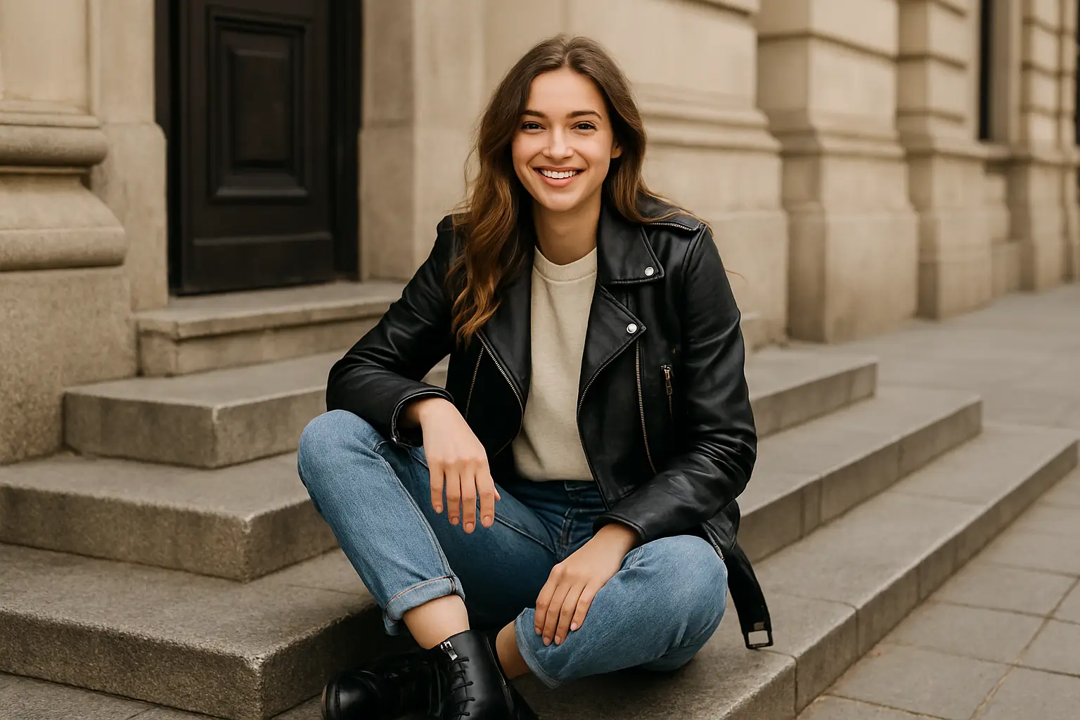 Young woman in black boots and jacket sitting on building steps.