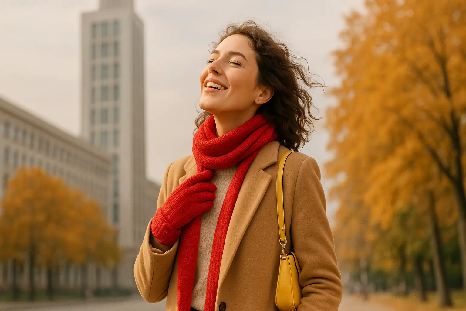 Woman with bright accessories standing near a tall building enjoying fall air.