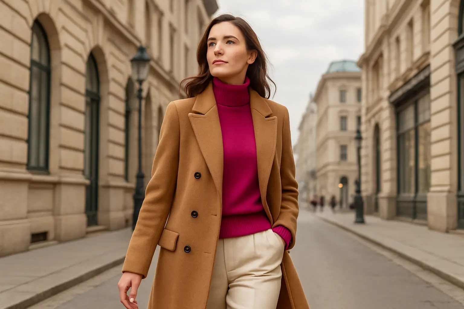 Woman walking confidently in a stylish coat on a city street.